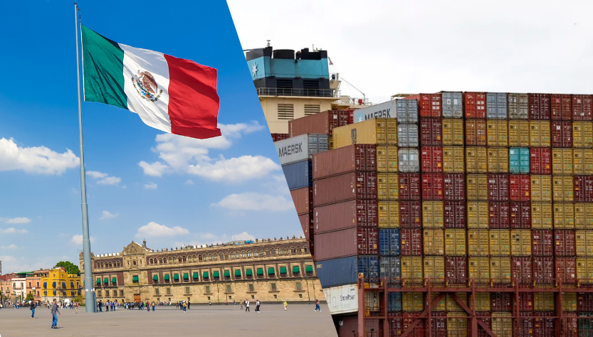 Collage bandera ondeante de Mexico e imagen de contenedores. Aranceles
