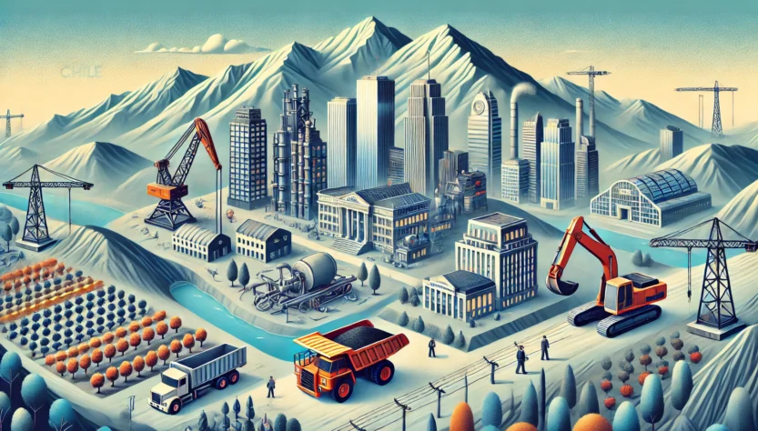 DALL·E 2025-03-04 12.35.13 - Una ilustración profesional y realista que represente la economía de Chile. La imagen debe incluir símbolos de las principales industrias que aportan