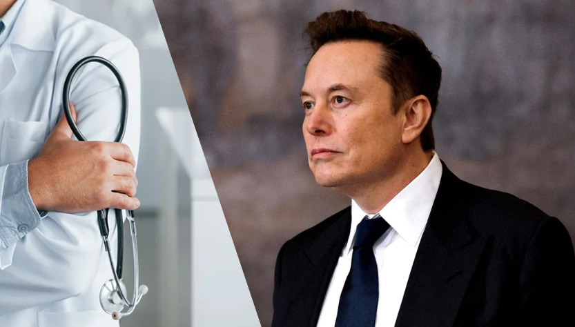 Collage médico sostiene estetoscopio. Elon Musk serio de perfil. Perú