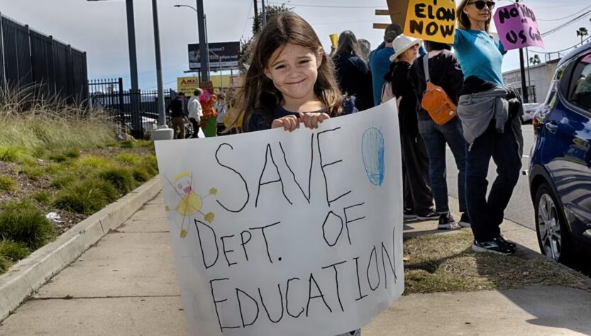 Sarah-Cummings-lleva-un-cartel-de-protesta-para-salvar-el-Departamento-de-Educación