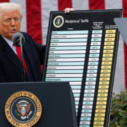 Trump sostiene una tabla donde establece aranceles reciprocos. FOTO: Evan Vucci (AP)